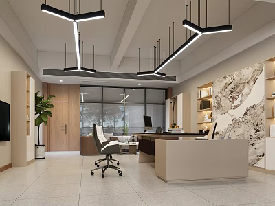 Modern Office Interior Design With Hanging Lights Desk Chair Bookshelves And Plants 3d model
