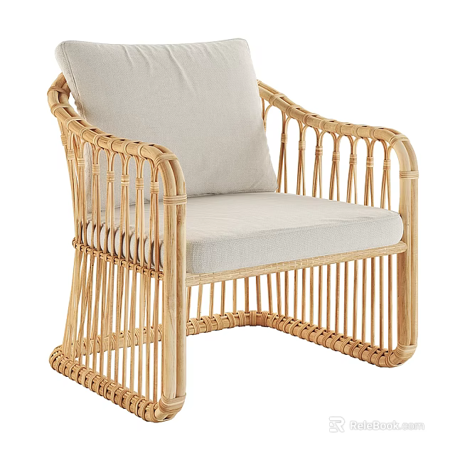 Natural Rattan Leisure Chair With Light Cream Cushion And Armrest Design 3d model 