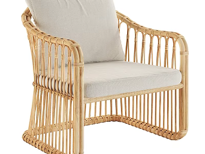 Natural Rattan Leisure Chair With Light Cream Cushion And Armrest Design 3d model