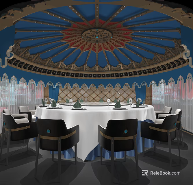 Luxurious Private Dining Room Interior With Ornate Dome Ceiling Round Table And Black Chairs 3d model 