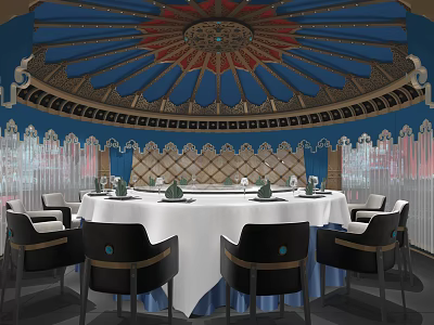 Luxurious Private Dining Room Interior With Ornate Dome Ceiling Round Table And Black Chairs 3d model