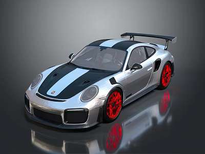 Silver Sports Car with Black Stripes Red Wheels and Black Rear Spoiler 3d model