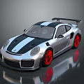 Silver Sports Car with Black Stripes Red Wheels and Black Rear Spoiler