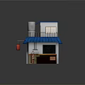 Cartoon Scene of Japanese Ramen Shop with Blue Roof White Building and Red Gas Cylinder