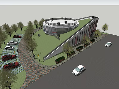 Modern Circular Building With Green Roof Surrounded by Trees Cars and Pedestrians 3d model