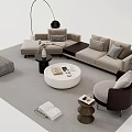 Modern Beige L Sofa and Round White Coffee Table Set with Floor Lamp Armchair