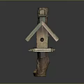 Wooden Birdhouse Mounted On Tree Trunk With Shingle Roof And Feeding Platform