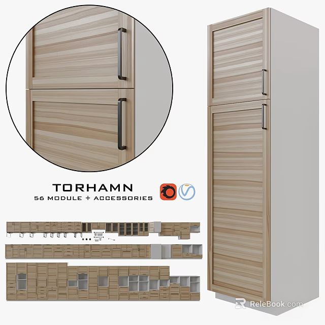 TORHAMN Wooden Cabinets With Black Handles Modular Design And Accessories 3d model 