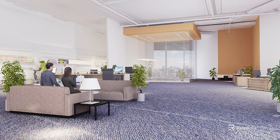 Modern Office Reception Area With Front Desk Sofa Green Plants And Windows 3d model