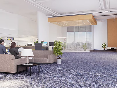 Modern Office Reception Area With Front Desk Sofa Green Plants And Windows 3d model