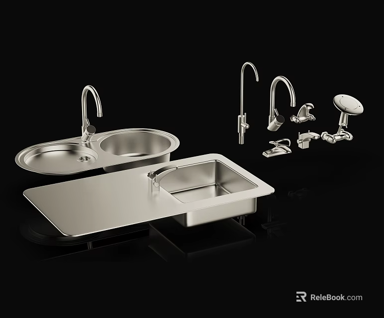 Modern Stainless Steel Kitchen Faucets With Single And Double Bowl Sinks 3d model 