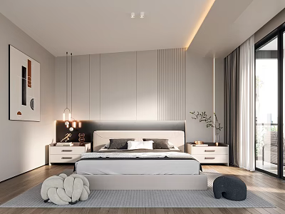 Modern Bedroom Interior With Bed Nightstands Wardrobe Hanging Lamp Artwork Rug And Potted Plant 3d model