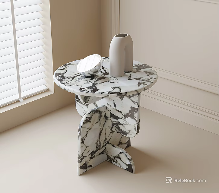 Marble Side Table With Round Top Artistic Base White Vase And Decorative Plate 3d model