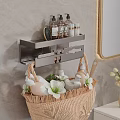 Modern Bathroom Set With Wall Mounted Shelf Toiletries Wicker Basket And Gold Frame Mirror