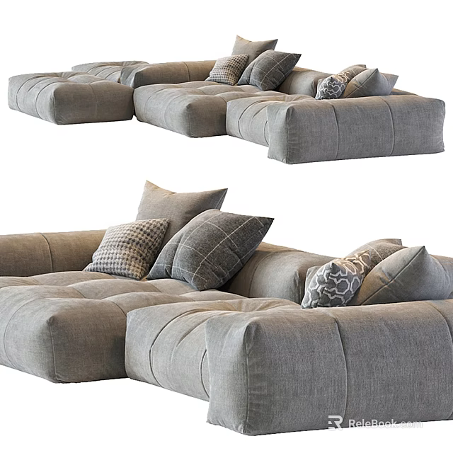 Modern Gray Fabric Sectional Sofa With Soft Plush Pillows And Spacious Seating 3d model 