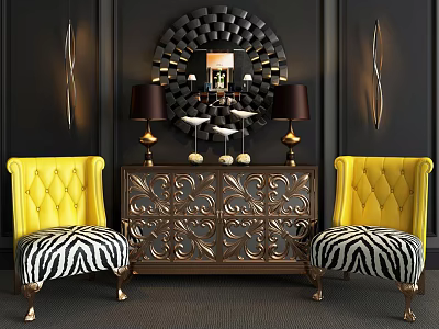 Carved Console Cabinet With Circular Mirror Chandelier Table Lamps And Yellow Armchairs 3d model