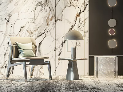 Light Colored Lounge Chair With Modern Floor Lamp By Marble Wall And Transparent Table 3d model