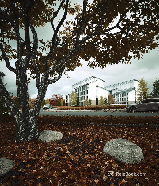 Modern Office Building Exterior With Autumn Fallen Leaves Trees And Parked Car 3d model 