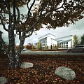 Modern Office Building Exterior With Autumn Fallen Leaves Trees And Parked Car