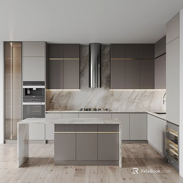 Modern Kitchen Interior Design With Marble Island Countertop And Gray Cabinets Range Hood 3d model 