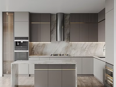 Modern Kitchen Interior Design With Marble Island Countertop And Gray Cabinets Range Hood 3d model