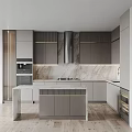 Modern Kitchen Interior Design With Marble Island Countertop And Gray Cabinets Range Hood