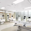 Modern Hospital Room Interior With Medical Beds Monitors Wooden Walls Large Windows And Green View