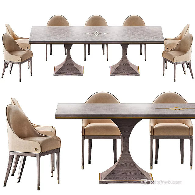 Modern Dining Table Set With Wooden Top Beige Upholstered Chairs Metal Legs And Pedestal Base 3d model 