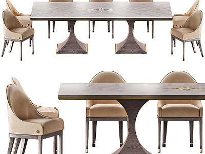 Modern Dining Table Set With Wooden Top Beige Upholstered Chairs Metal Legs And Pedestal Base 3d model