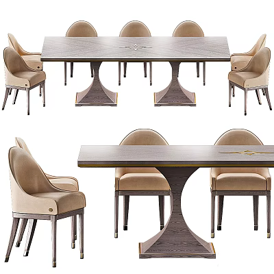 Modern Dining Table Set With Wooden Top Beige Upholstered Chairs Metal Legs And Pedestal Base 3d model