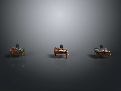 Three Dining Tables With Different Items On Gray Background And Reflective Floor 3d model