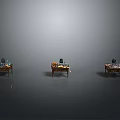 Three Dining Tables With Different Items On Gray Background And Reflective Floor