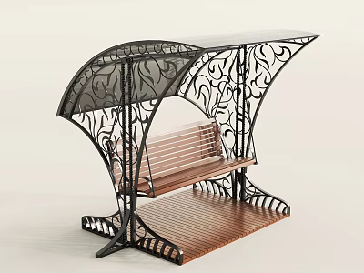 Ornate Outdoor Bench With Metal Frame Wooden Seat And Arched Metal Canopy 3d model