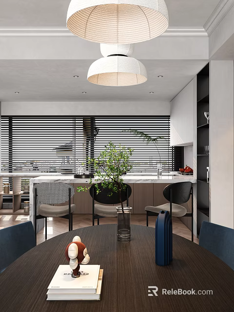 Modern Restaurant Interior With Dining Table Chairs Green Plant And Window Blinds 3d model 