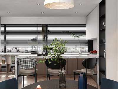 Modern Restaurant Interior With Dining Table Chairs Green Plant And Window Blinds 3d model