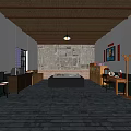 Vintage Themed Exhibition Interior Featuring Old Photo Wall Display Case And Retro Furniture