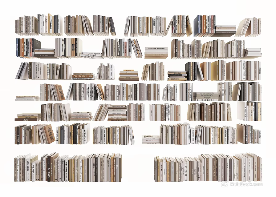 Vintage Books Collection Stacked on Shelves with Various Sizes and Colors 3d model 