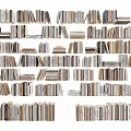 Vintage Books Collection Stacked on Shelves with Various Sizes and Colors
