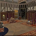 Medieval Half Timbered Building Interior With Wooden Truss Roof Large Windows And Carpets