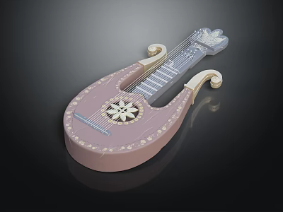 Pink Pipa Musical Instrument With Floral Decorations Curved Headstock And Strings Design 3d model