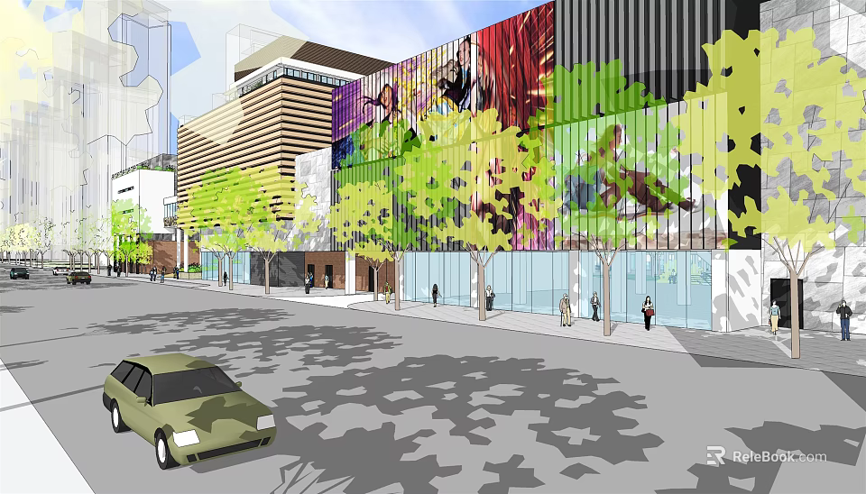 Commercial Street Modern Buildings With Colorful Facade Decorations Green Trees And Pedestrians 3d model 
