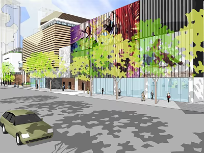 Commercial Street Modern Buildings With Colorful Facade Decorations Green Trees And Pedestrians 3d model