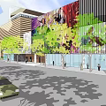 Commercial Street Modern Buildings With Colorful Facade Decorations Green Trees And Pedestrians