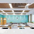 School Science Lab With White Tables Black Sinks Wooden Ceiling And Bright Lighting