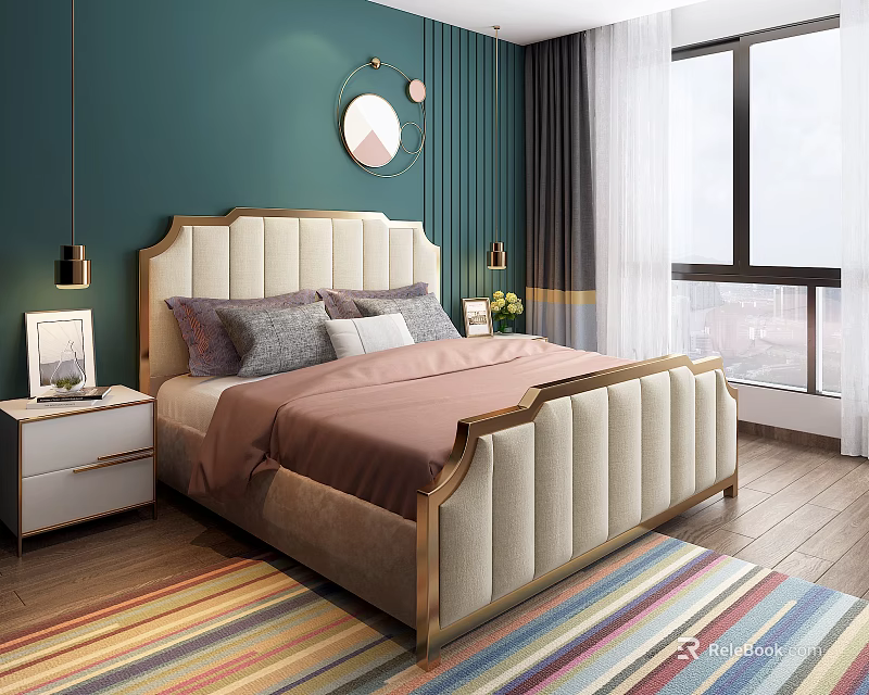 Elegant Cream Double Bed with Gold Trim in Dark Green Bedroom with Colorful Striped Rug 3d model 