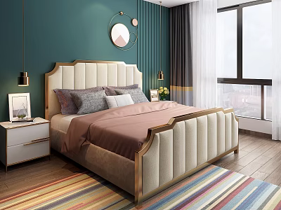 Elegant Cream Double Bed with Gold Trim in Dark Green Bedroom with Colorful Striped Rug 3d model