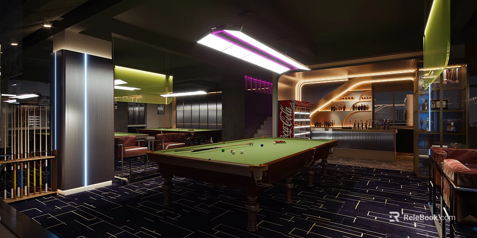 Modern Billiard Room Interior With Pool Table And Neon Lighting 3d model 