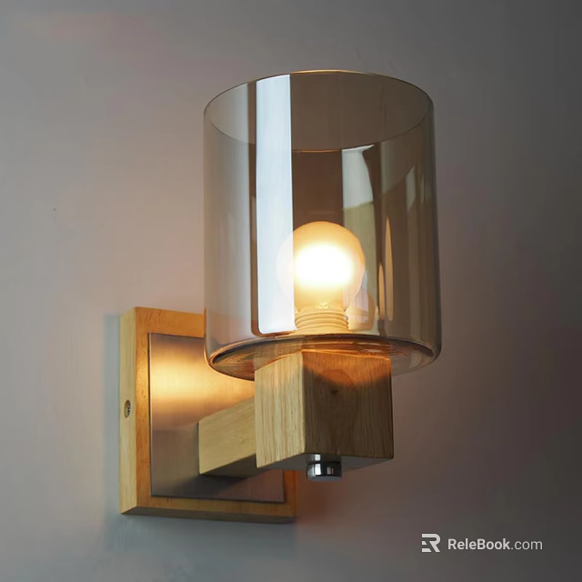 Modern Wall Lamp With Wooden Base And Transparent Glass Shade Lit Bulb 3d model 
