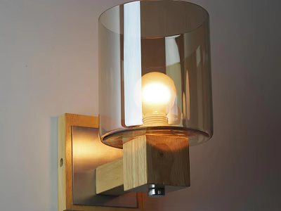 Modern Wall Lamp With Wooden Base And Transparent Glass Shade Lit Bulb 3d model