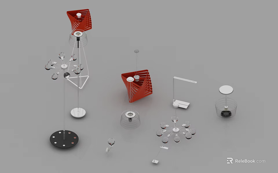 Modern Lighting Fixture Collection Featuring Red Shades Metal Frames And Transparent Elements 3d model